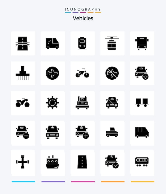 Véhicules créatifs 25 pack d'icônes Glyph Solid Black tels que le transport par bus ferroviaire tram air