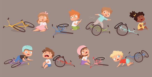 Vélo Cassé. Enfants Tombés Des Illustrations D'accidents D'enfants Malheureux à Vélo.