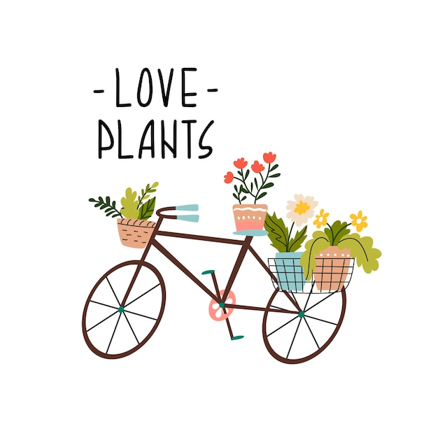 Vélo Décoratif Décoré De Pots De Fleurs Décoration Pour Jardin Ou Parc Ou Pelouse Conception D'impression De Dessin à La Main Vélo Et Slogan Plantes D'amour Style Plat En Illustration Vectorielle élément Isolé