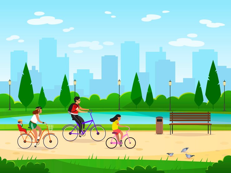 Vecteur vélo en famille. vacances actives en famille, faire du vélo, mode de vie, parc sportif, activités de loisirs, groupe heureux