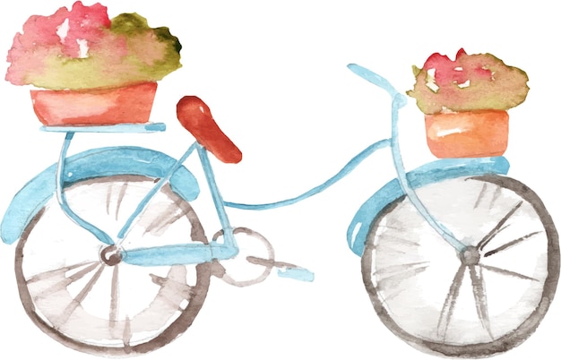 Vélo d'illustration aquarelle avec panier de fleurs