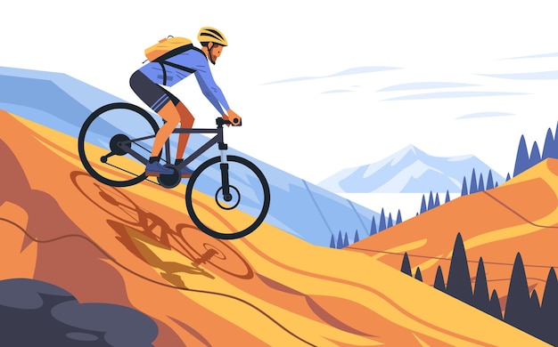Vélo de montagne descendant sur un sentier dans un paysage pittoresque avec des montagnes et des arbres en arrière-plan