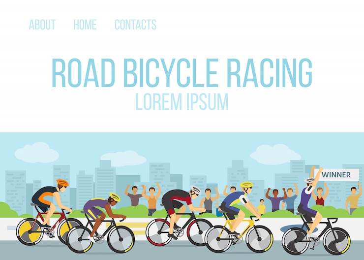 Vecteur vélo de route courses sport compétition dessin animé web modèle illustration vectorielle. groupe de cyclistes ou cyclistes en uniforme et casques à l'arrivée et vainqueur avec la main levée sur le vélo.