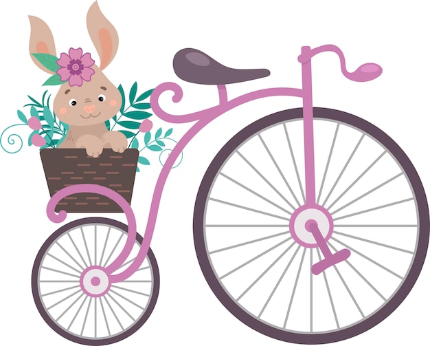 Vélo vintage avec un panier de fleurs et une jolie illustration de lapin dans un style plat de dessin animé