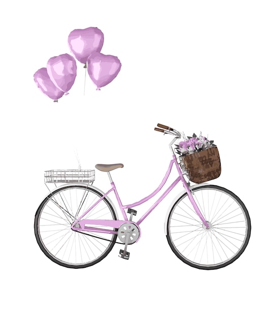 Vélo Vintage Rose Avec Des Fleurs Dans Le Panier Et Des Ballons Heart Shapedesign Pour La Décoration Des éléments