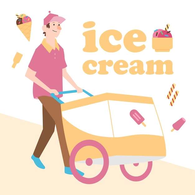 Un vendeur de crème glacée marche avec son chariot.