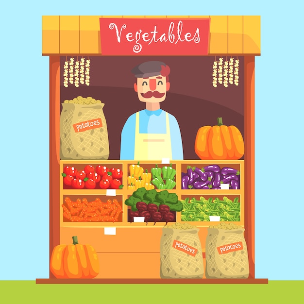 Vecteur vendeur derrière le comptoir du marché avec assortiment de légumes