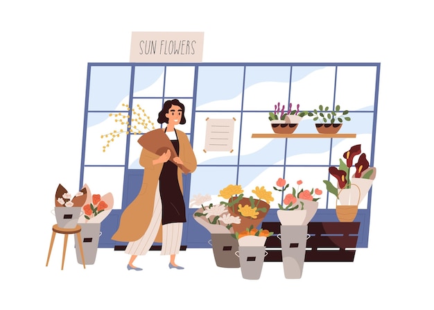 Vendeur Fleuriste Avec Bouquet à L'extérieur Du Magasin De Fleurs. Vendeur Décorant L'extérieur Du Magasin De Détail. Commerce De Plantes Fraîches En Fleurs. Fleuriste Moderne. Illustration Vectorielle Plane Isolée Sur Fond Blanc.