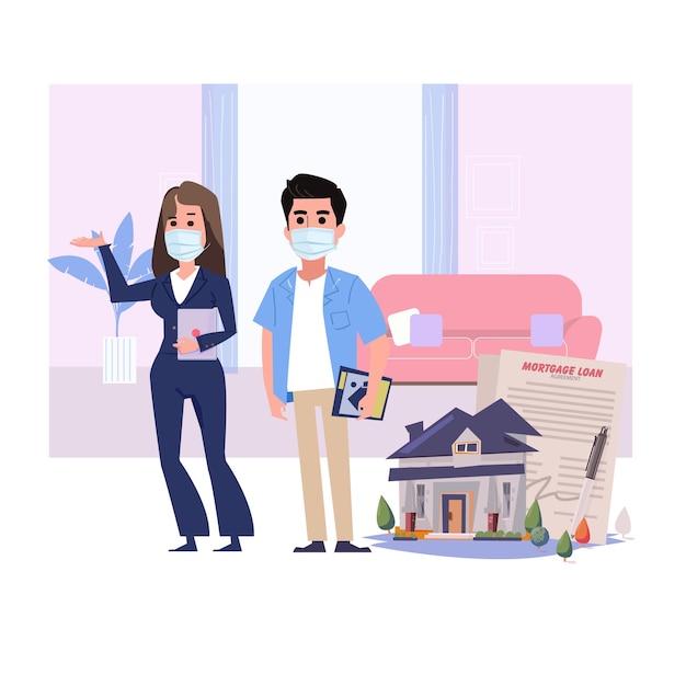vendeur immobilier avec masque. protection contre les virus