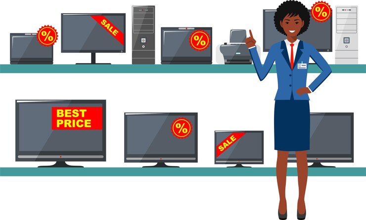 Vecteur vendeuse afro-américaine en costume sur fond d'étagères avec équipement électronique