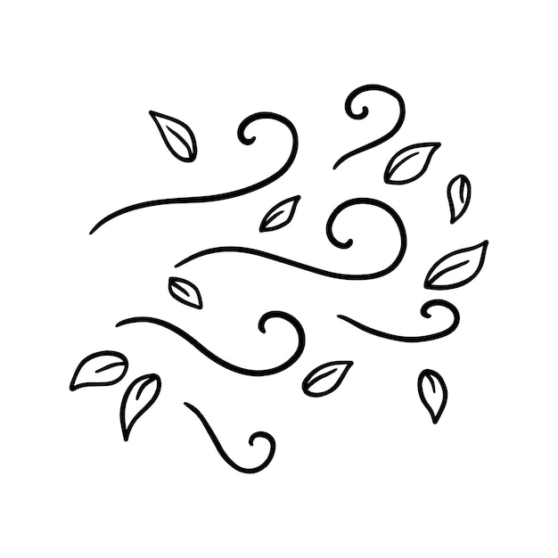 Vent Avec Feuilles Phénomène Météorologique Flux D'air Plante Doodle Coloriage De Dessin Animé Linéaire