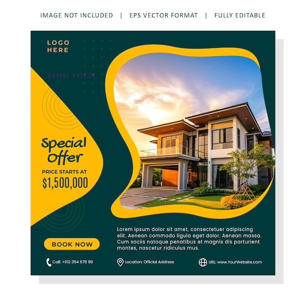 Vente et achat de maisons, de biens immobiliers, de publications sur les réseaux sociaux et de modèles de flyers carrés