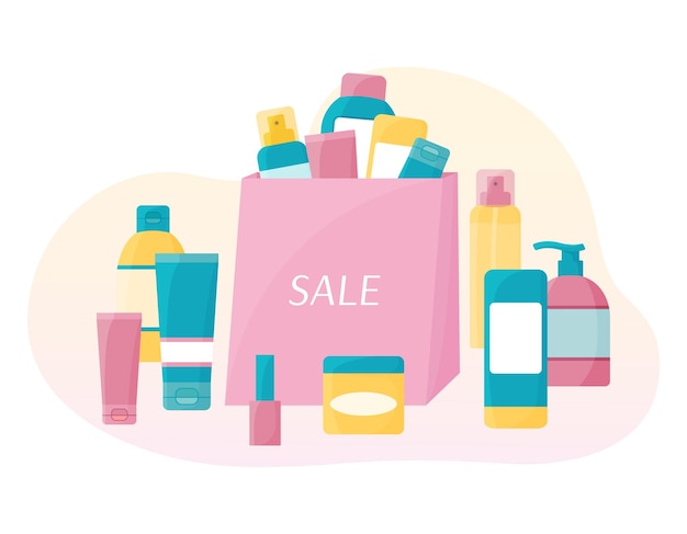 Vente De Cosmétiques Tas De Cosmétiques Isolés Produits De Beauté Et De Soins De La Peau Dans Un Sac Ensemble Vectoriel De Tubes De Bouteilles De Crème Spray Illustration Plate