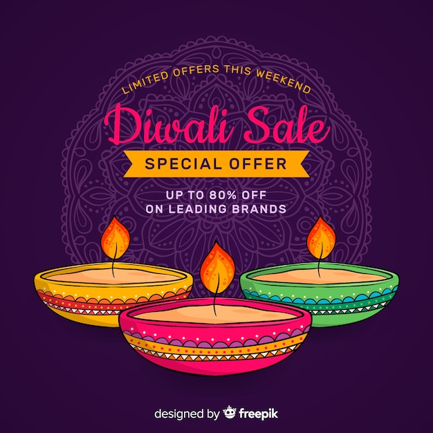 Vecteur vente de diwali dessiné à la main et bougies dans la nuit