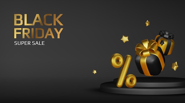 Vente du vendredi noir Design 3D réaliste Stage podium studio rond lumières au néon or boîte cadeau sac d'achat à arc noir noir Concept de marketing créatif Illustration vectorielle