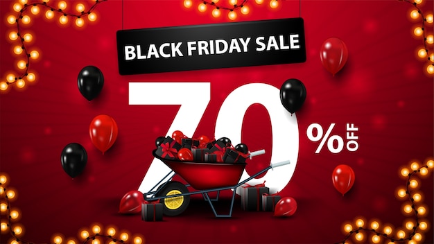 Vente Du Vendredi Noir, Jusqu'à 70% De Réduction, Bannière Rouge Avec Grande Offre Volumétrique, Brouette Avec Cadeaux Au Vendredi Noir, Ballons Dans Les Airs Et Cadre De Guirlande