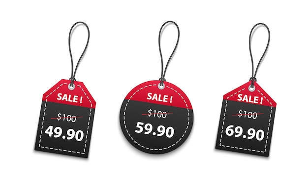 Vecteur vente d'étiquettes de prix papier rouge et noir 3d isolé sur fond blanc