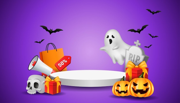 Vecteur vente d'halloween avec modèle d'affiche de promotion de podium d'espace de copie avec citrouillescute ghostshopping b