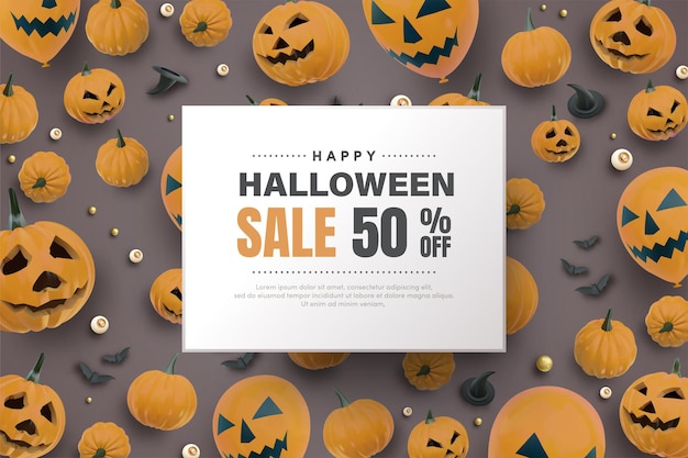 Vente d'Halloween avec tableau blanc sur tas de citrouilles