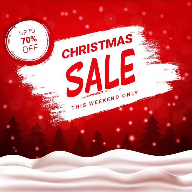 Vecteur vente de noël jusqu'à 70% de réduction, bannière rouge avec paysage d'hiver et chutes de neige.