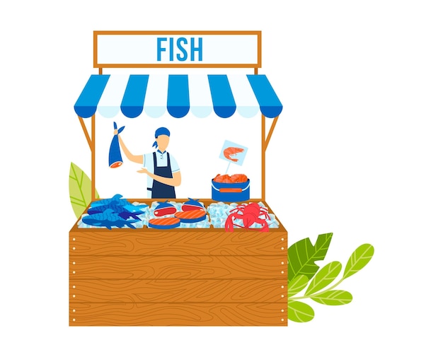 Vecteur vente de nourriture pour poissons en magasin illustration vectorielle de marché de fruits de mer boutique avec produit de saumon frais et personnage de vendeur de personne plate