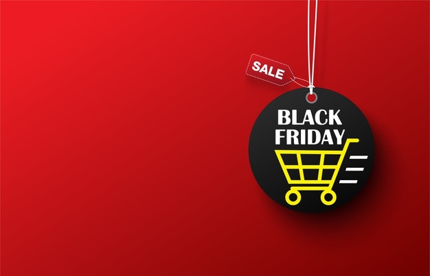 Vente de panier vendredi noir étiquette sur fond rouge.