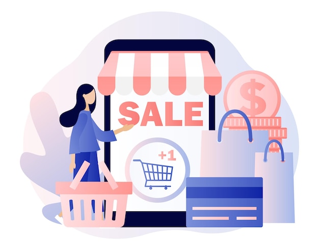 Vente Petite femme sur les achats en ligne Style de dessin animé plat Illustration vectorielle