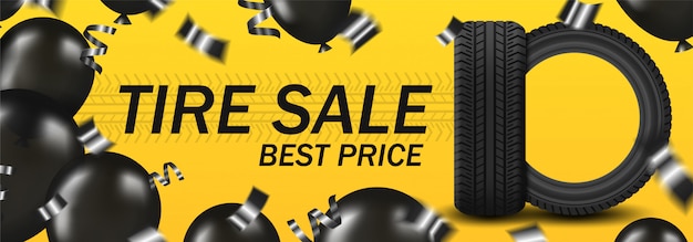 Vecteur vente de pneus tirbanner avec pneu de voiture et ballons noirs et confettis sur fond jaune