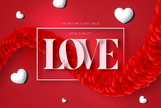 La vente de réduction du jour de la Saint-Valentin a conçu une bannière d'amour sur une rose rouge.
