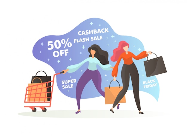 Vente de vendredi noir. Personnages de femme avec des sacs à provisions et un caddie achetant un article sur un rabais important et un remboursement.