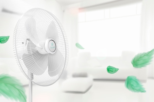 Ventilateur sur pied déplaçant l'air avec des feuilles vertes volantes sur un salon bokeh blanc confortable en illustration 3d