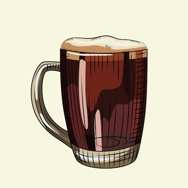 Verre De Bière Brune De Style Dessiné à La Main. Chope à Bière Pleine Avec Mousse Isolé Sur Fond Clair.