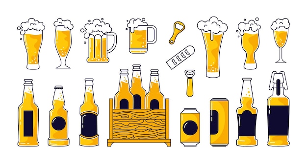 verre de bière mousse de boisson alcoolisée icônes de tasse de griffon avec tonneau de mousse artisanale ou brasserie étiquette du festival Oktoberfest Ale et lager différentes bouteilles formes ensemble d'illustrations vectorielles