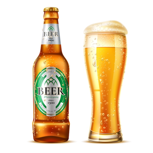 Verre à bière réaliste avec bouteille de bière blonde
