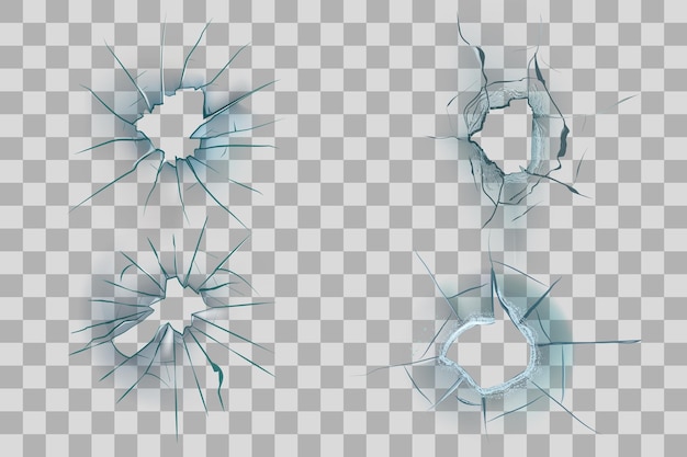 Verre brisé Écran brisé Trou dans la vitre avec des fissures Accident de fenêtre Bris et bris Fragments de pare-brise Arrière-plan transparent Effets de surface endommagés Vector texture réaliste