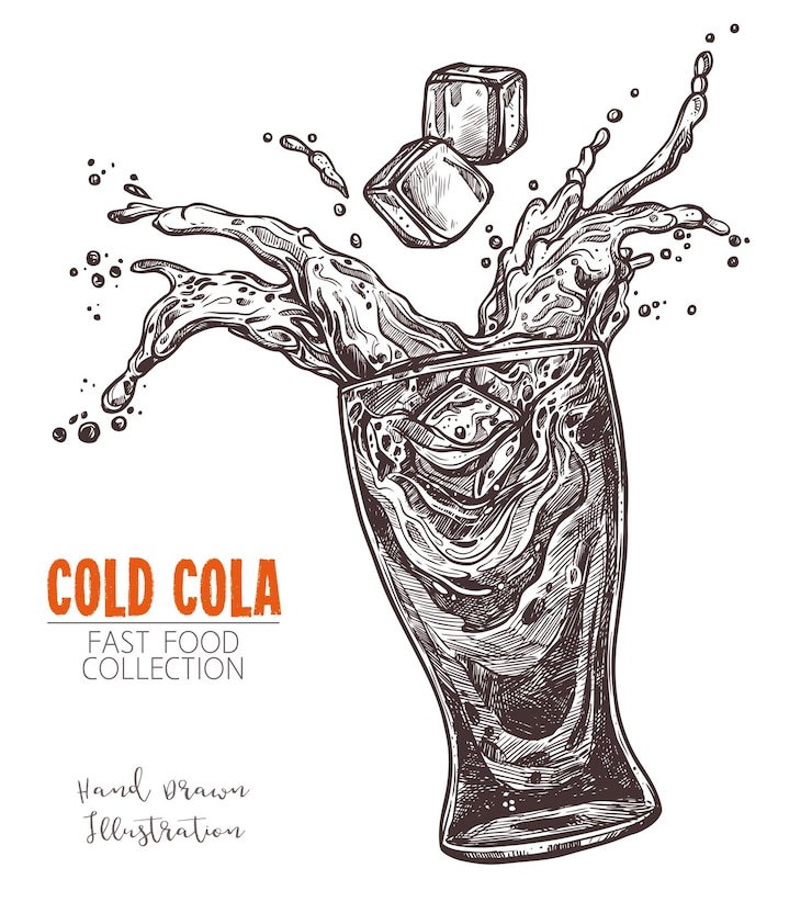 Vecteur verre avec cola éclaboussé et glaçon, croquis dessinés à la main dans un style de gravure ancien.