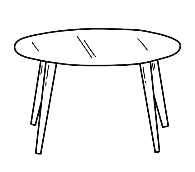 Verre dessiné à la main, table en bois sur quatre pieds de style doodle, croquis en noir et blanc.