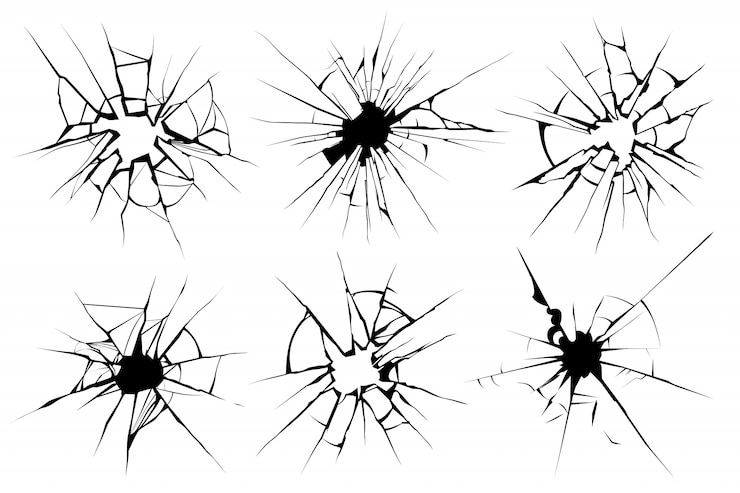 Vecteur verre fissuré, fenêtre cassée, surface vitreuse brisée et ensemble de silhouette de texture de verre de pare-brise
