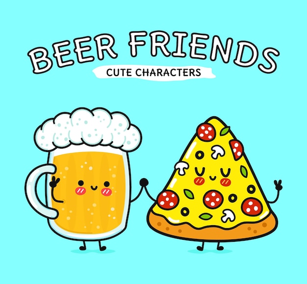 Verre heureux drôle mignon de bière et de pizza