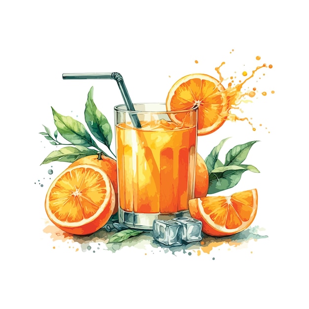 Un Verre De Jus D'orange Avec Une Paille En Aquarelle