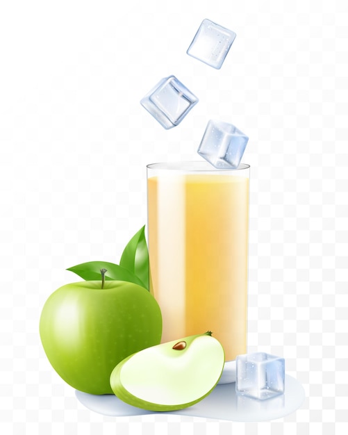 Vecteur un verre de jus de pomme frais ou de smoothie avec des glaçons tombant dans le verre coupe de cocktail ou de yaourt à la pomme verte isolé sur fond transparent vecteur 3d réaliste