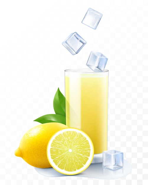 Vecteur un verre de limonade fraîche avec des glaçons tombant dans le verre tasse de jus de citron ou de smoothies au citron mûr isolé sur fond transparent vecteur 3d réaliste