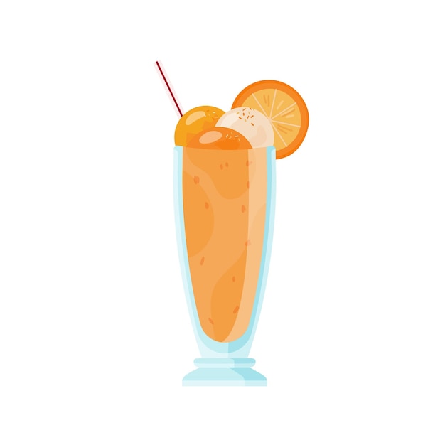 Verre De Milkshake Froid Décoré De Crème Glacée Et De Tranches D'orange. Cocktail De Fruits Rafraîchissant D'été Avec De La Paille. Illustration De Dessin Animé De Vecteur Plat De Sorbet Sucré Isolé Sur Fond Blanc.