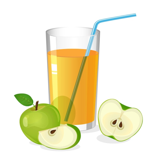 Verre réaliste de boisson de jus de pomme avec paille à cocktail. Jus de pomme moitié et tranche isolé sur blanc. Boisson fraîche de rafraîchissement. Partie douce naturelle de vitamines. illustration