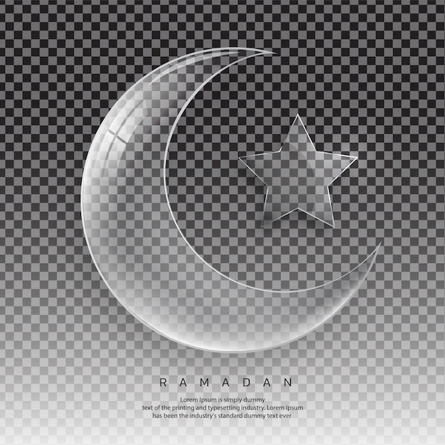 Vecteur verre transparent croissant de lune et étoile avec reflets et reflets. contient des transparents, des dégradés et des effets, concept ramadan.