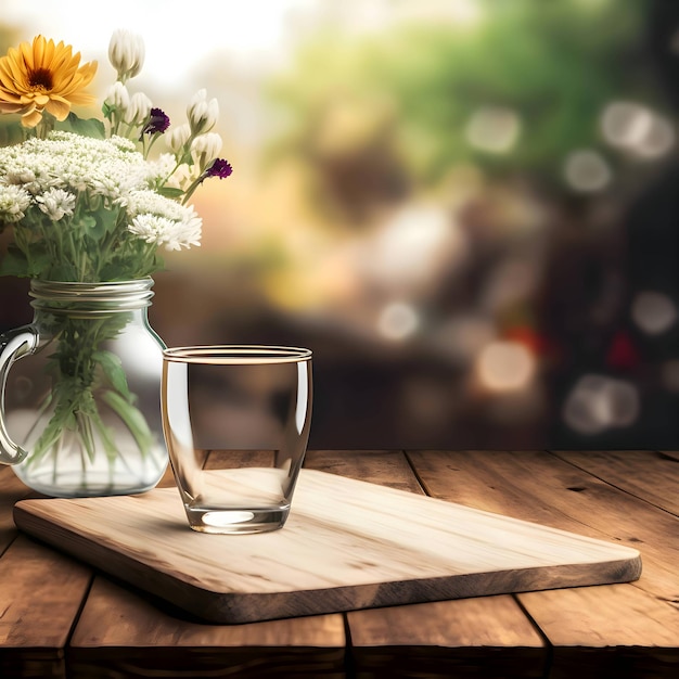 Vecteur un verre vide sur une planche de bois fleurs blanches dans un vase fond taché