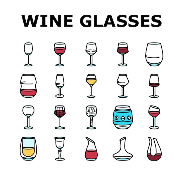 Le verre de vin, la boisson rouge, les icônes d'alcool, le vecteur.