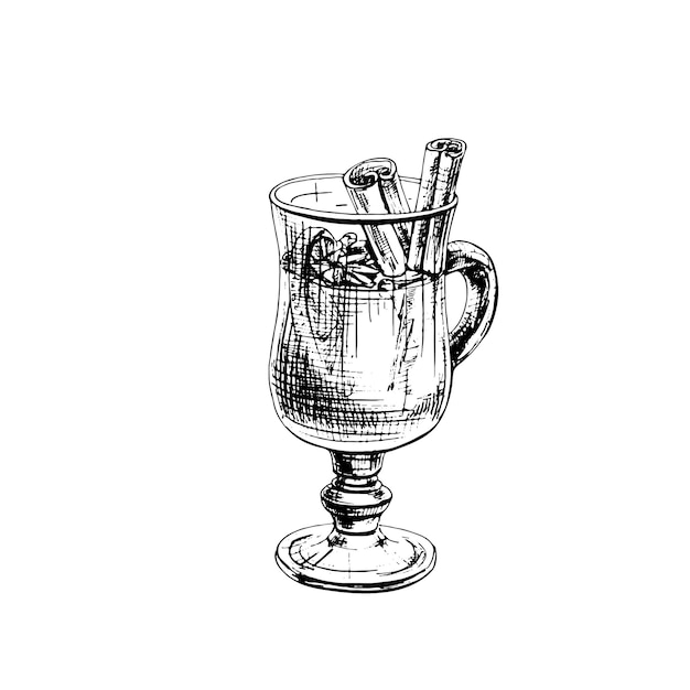 Verre à Vin Chaud Avec Des Ingrédients. Illustration Vectorielle D'éclosion Vintage Noir