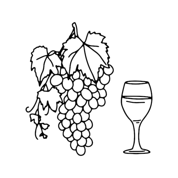 Un Verre De Vin Et Une Grappe De Raisins Emblème Contour Dessin Doodle Icône De Dessin