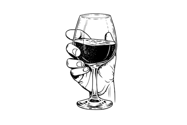 verre de vin à la main dessiné à l'encre sketch gravure illustration vectorielle de style